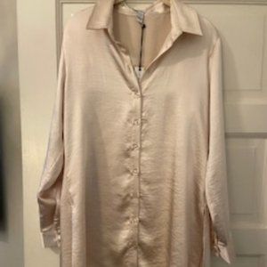 Champagne Tunic Length Silky Button Down (Size M)